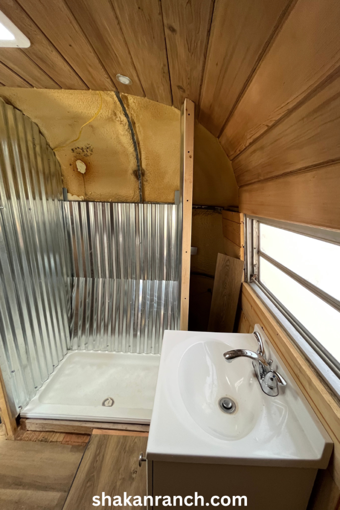 airstream bathroom renovation with cedar ceiling and pine walls. 
