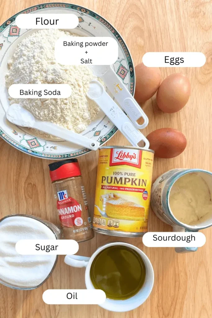 Ingredients for sourdough pumpkin spice bars — pumpkin purée, sourdough starter, eggs, sugar, flour, oil, cinnamon, and cream cheese frosting ingredients.