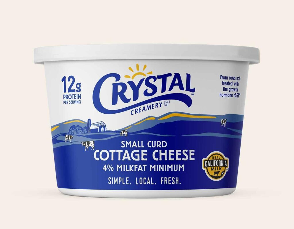 Crystal creamery small curd cottage cheese 4% milk fat. 