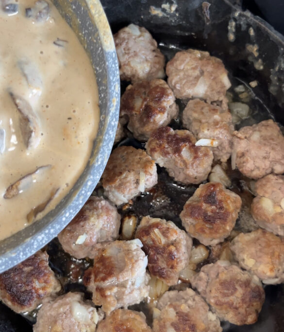 Creamy mushroom sauce with beef meatballs.