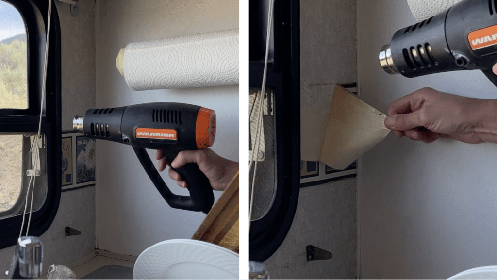 A heat gun heating the wallpaper border in an rv for removal. 