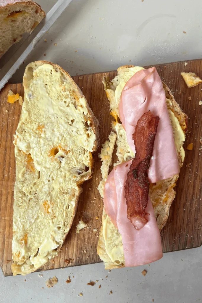 Sourdough Ham and Cheese Sandwich assembling.