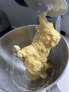 Sourdough babka dough in a kitchen aid mixer.