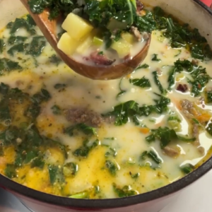 Creamy Zuppa Toscana in a dutch oven.