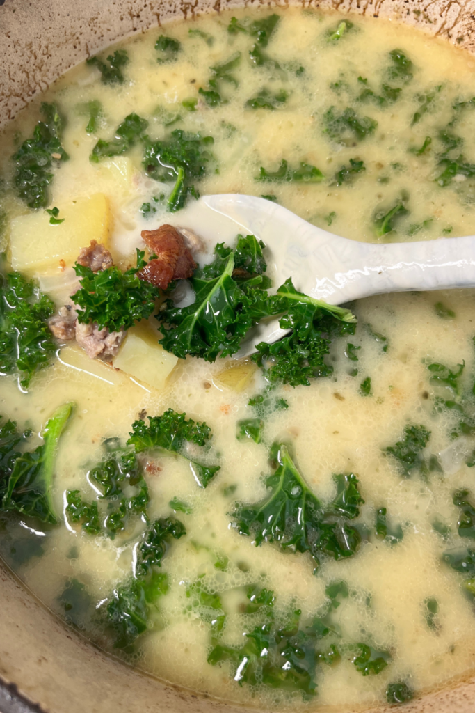 Kale and heavy cream incorporated into Zuppa Toscana.