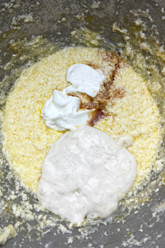 Wet ingredients for sourdough marble loaf cake.