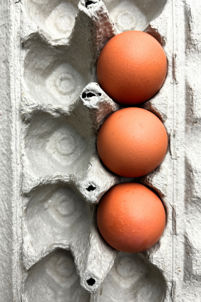 3 large eggs in a carton.