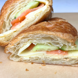 Smoked salmon croissant sandwich.