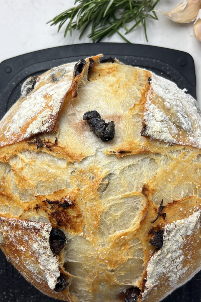 Roasted Garlic, Rosemary, and Kalamata Olive Sourdough Bread.