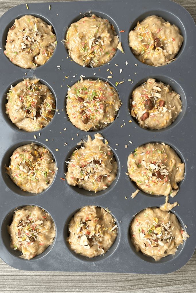 Sourdough Banana Muffins with hazelnuts and coconut flakes.