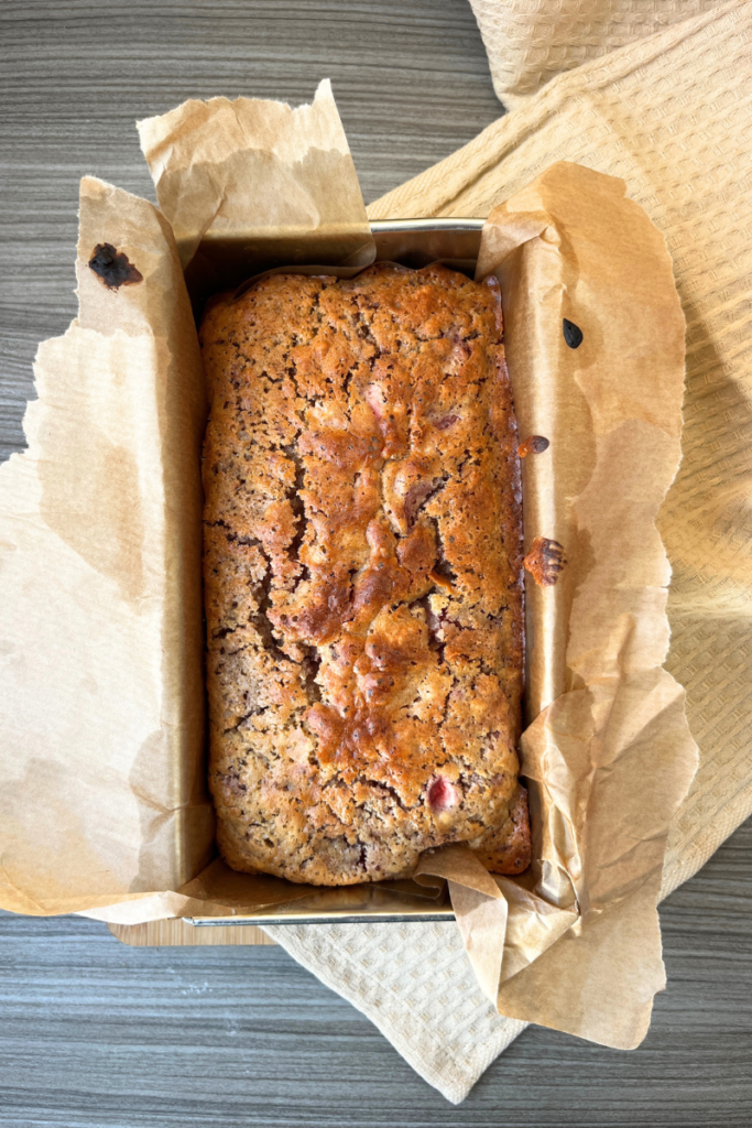 Sourdough Strawberry Chocolate Chip Loaf Cake.