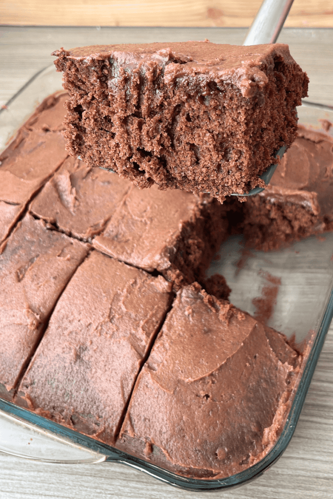 Moist sourdough chocolate sheet cake topped with smooth chocolate buttercream.