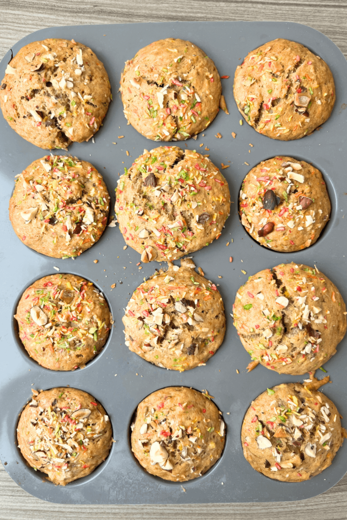 Sourdough Banana Muffins with hazelnuts and coconut flakes.