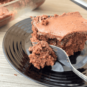 Moist sourdough chocolate sheet cake topped with smooth chocolate buttercream.