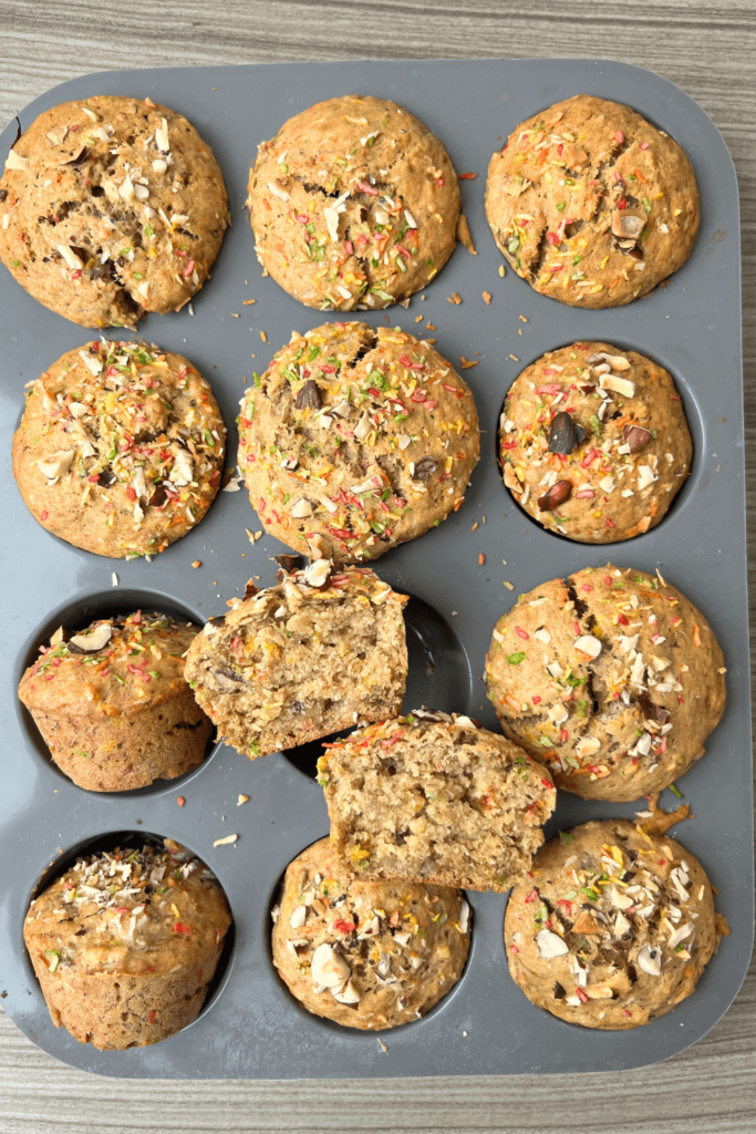 Sourdough Banana Muffins with hazelnuts and coconut flakes.