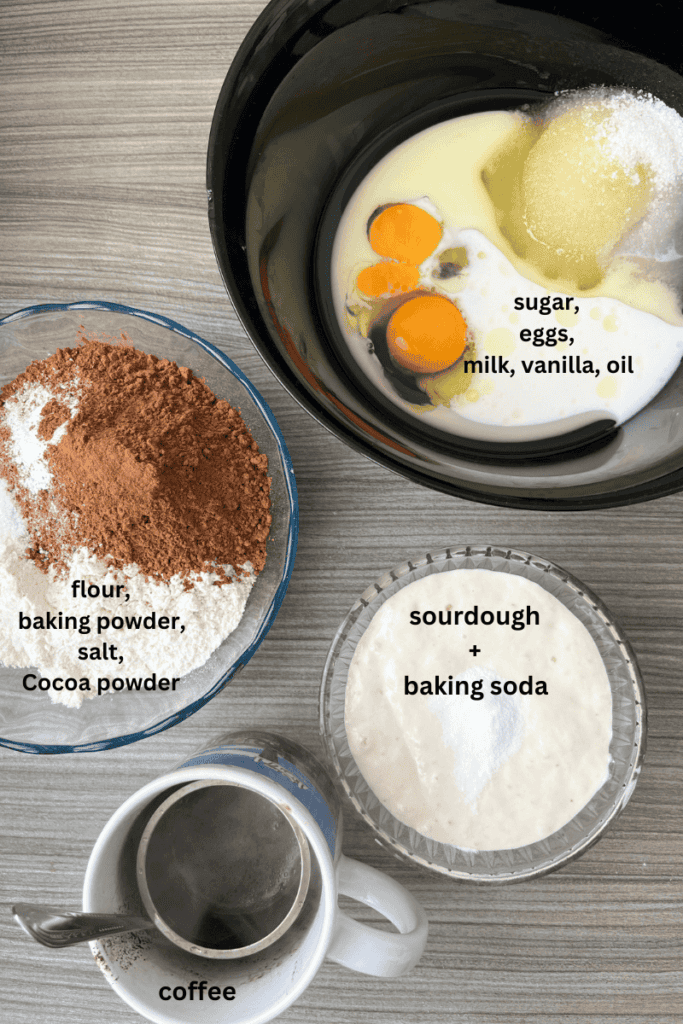 Ingredients for moist sourdough chocolate cake. 