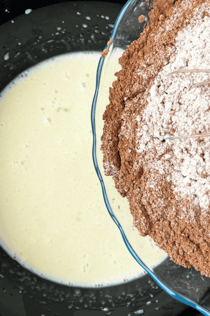 Dry and wet ingredients for sourdough chocolate sheet cake.