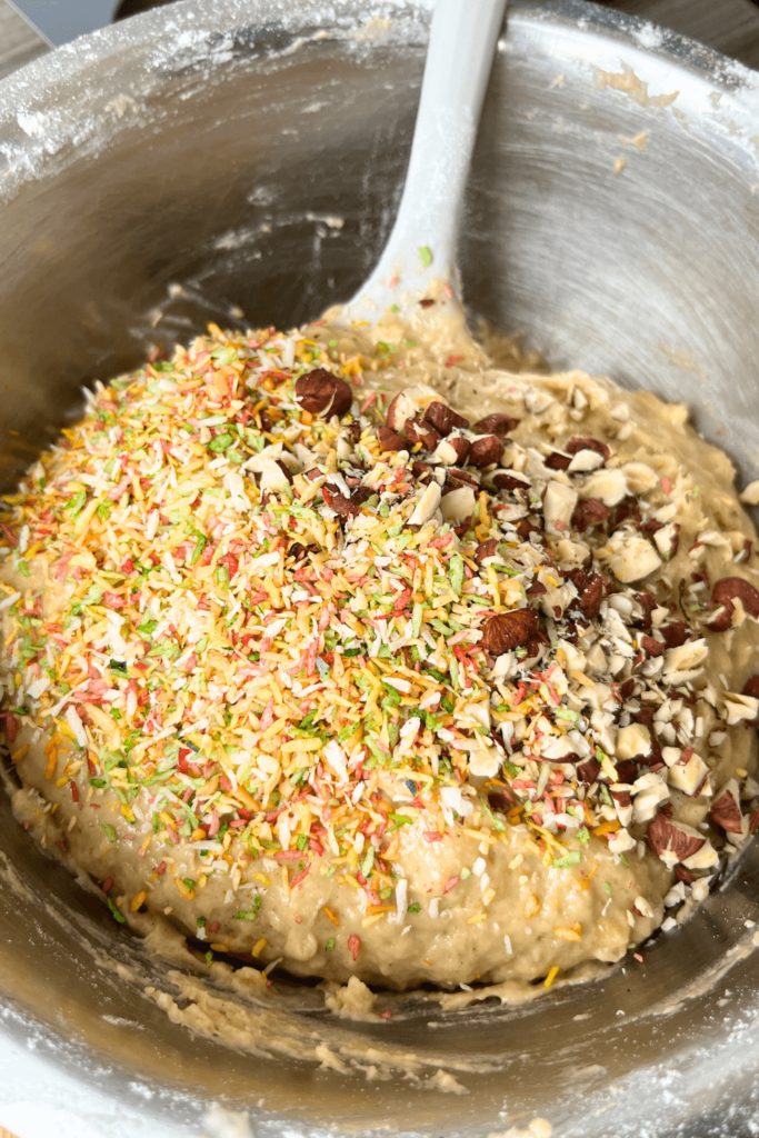 Sourdough Banana Muffins with hazelnuts and coconut flakes.