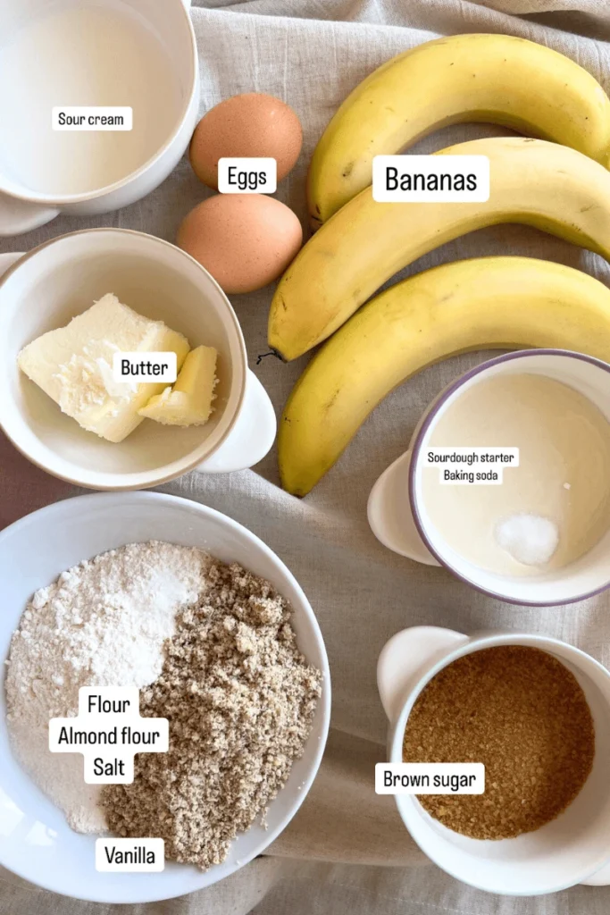 Moist Sourdough Almond Banana Bread ingredients. 