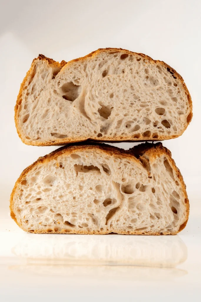 Sourdough bread cut in half. 