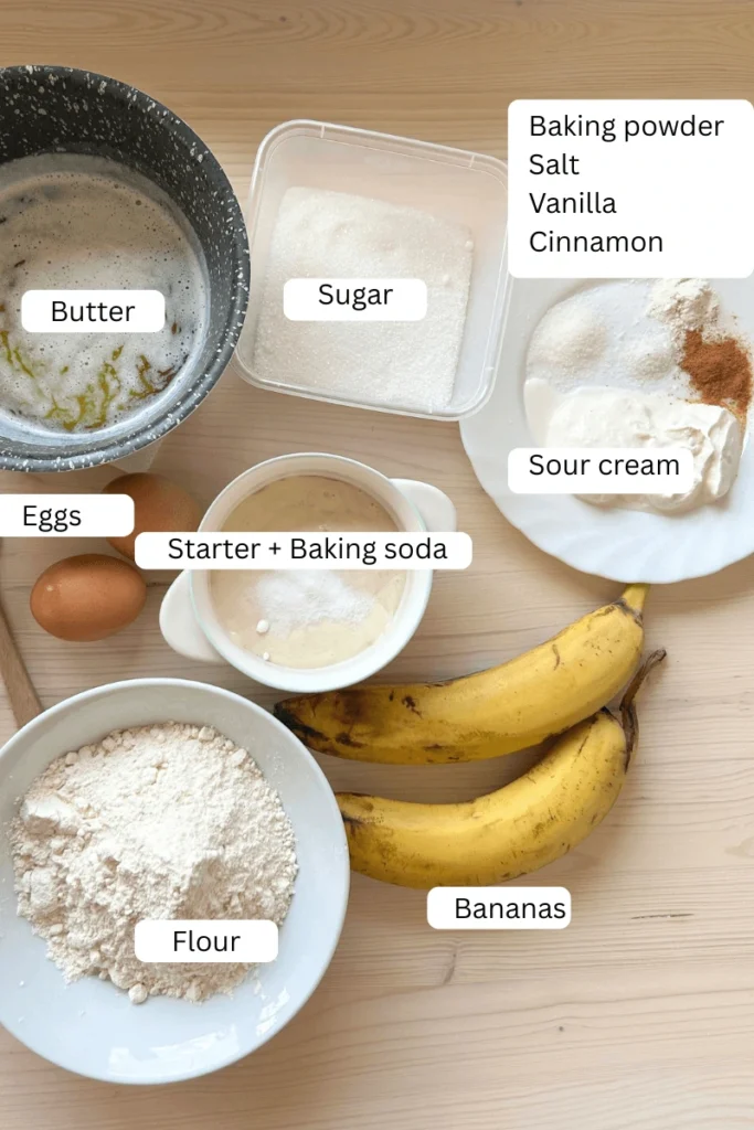Sourdough Banana Snack Cake with Brown Butter Cream Cheese Frosting ingredients. 