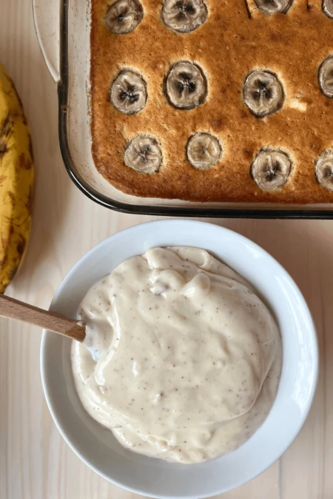 Sourdough Banana Snack Cake with Brown Butter Cream Cheese Frosting.