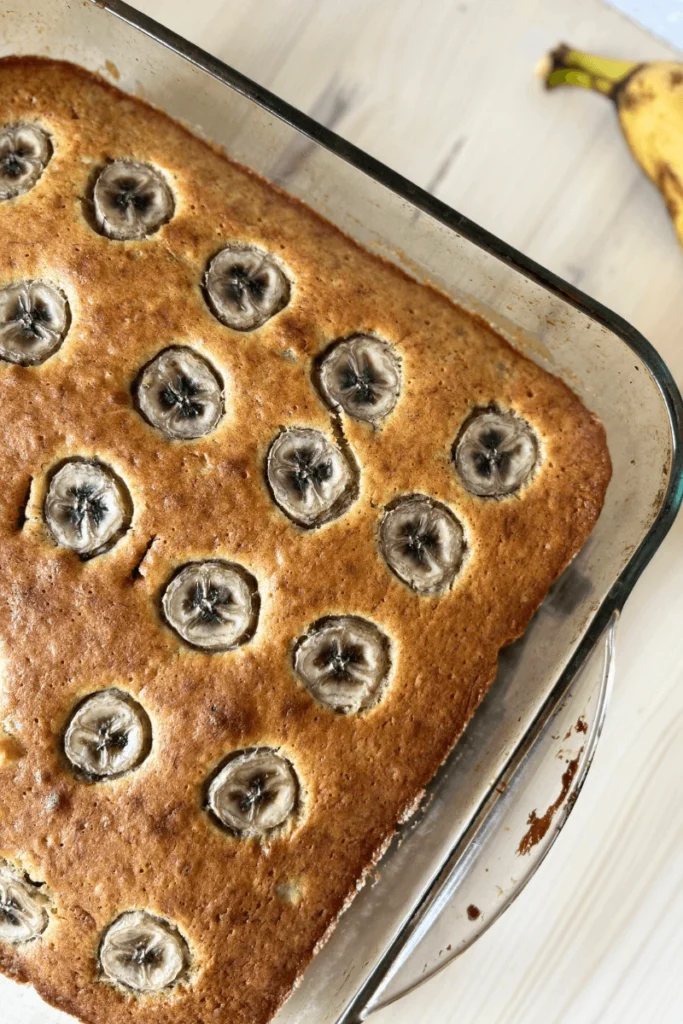 Sourdough Banana Snack Cake with Brown Butter Frosting.
