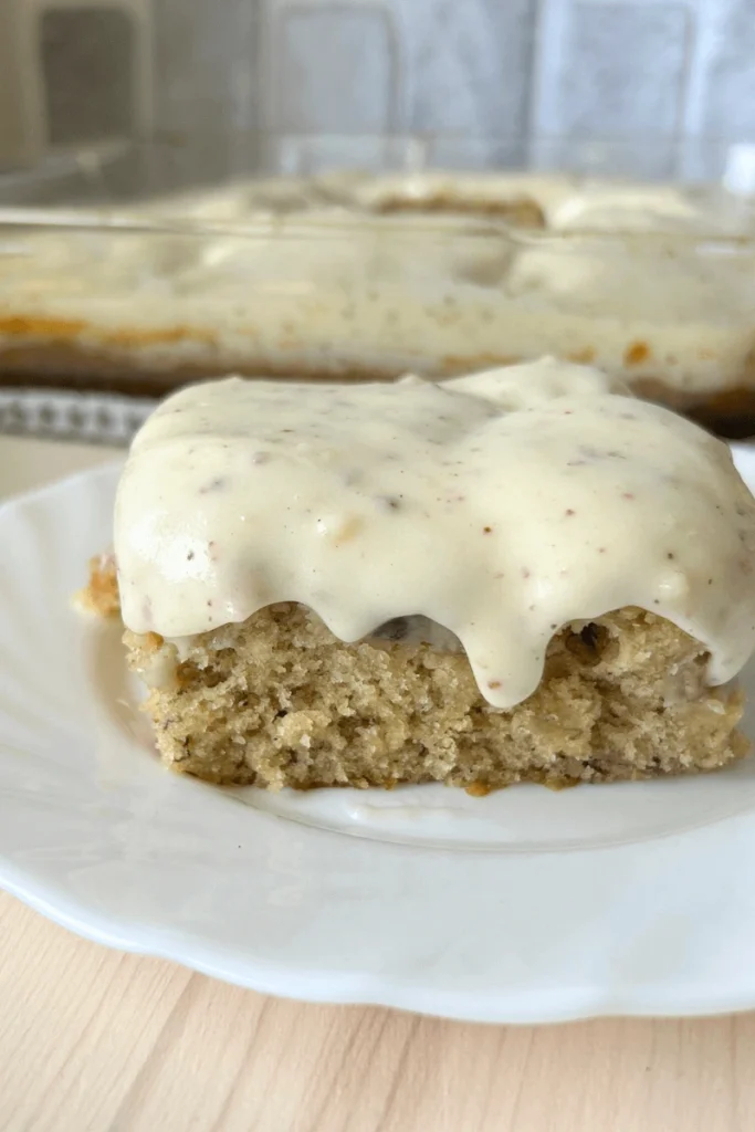 Sourdough Banana Snack Cake with Brown Butter Cream Cheese Frosting.