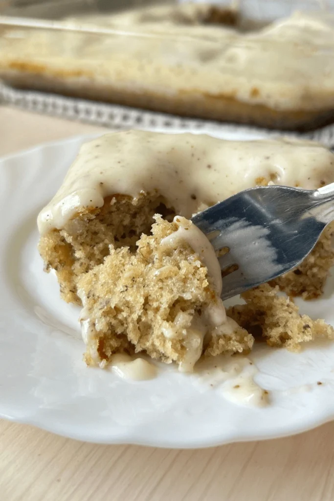 Sourdough Banana Snack Cake with Brown Butter Frosting. 
