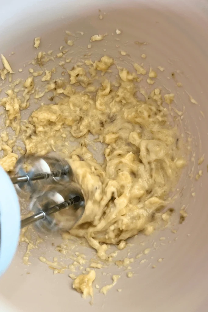 Mixing bananas for Sourdough Banana Snack Cake with Brown Butter Frosting. 