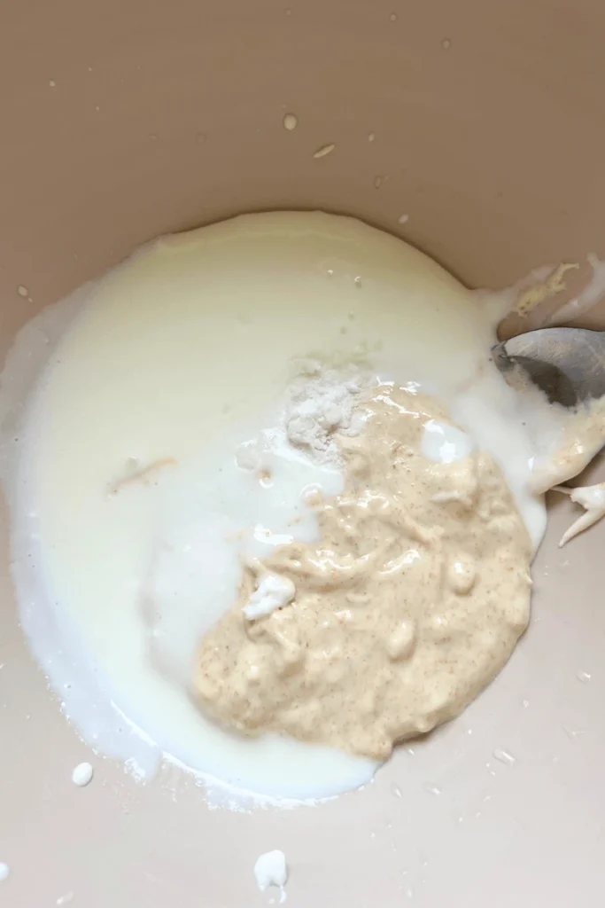 Buttermilk, sourdough starter, and baking soda in a bowl.