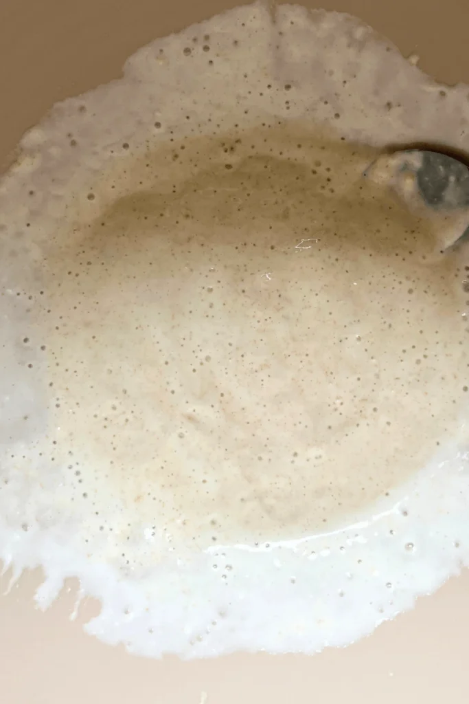 Buttermilk, sourdough starter, and baking soda in a bowl mixed and bubbly.