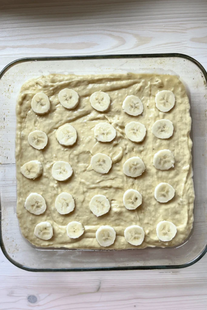 Sourdough Banana Snack Cake with Brown Butter Frosting. 