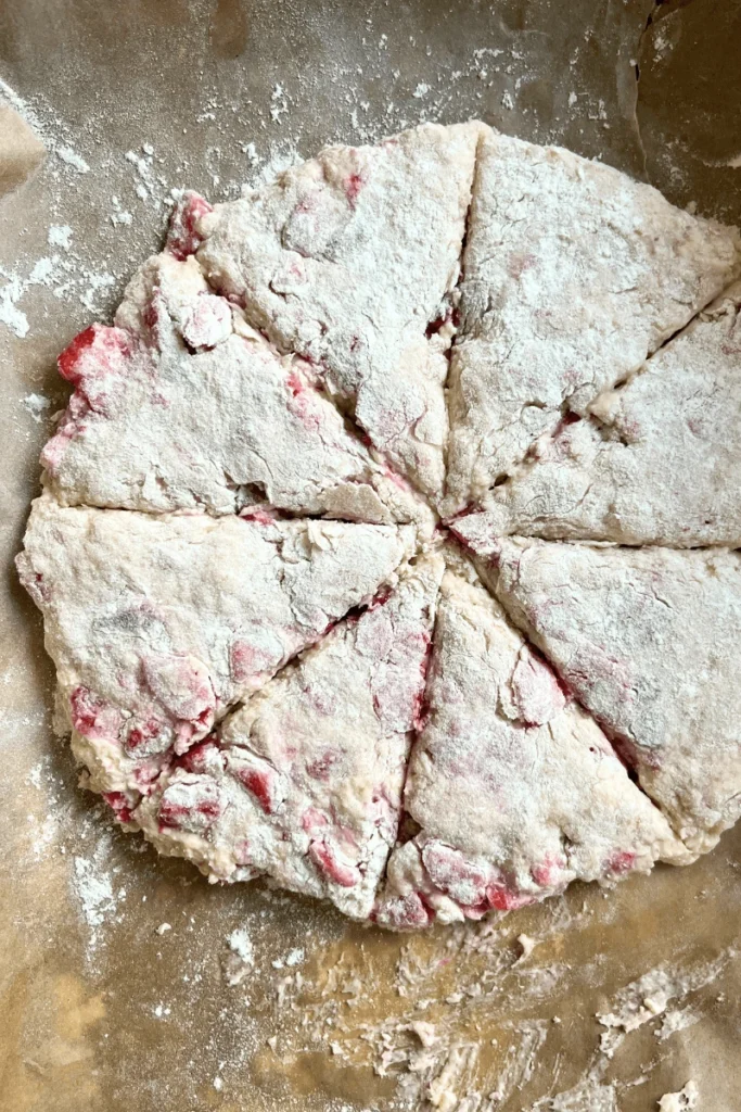 Sourdough strawberry scones cut. 
