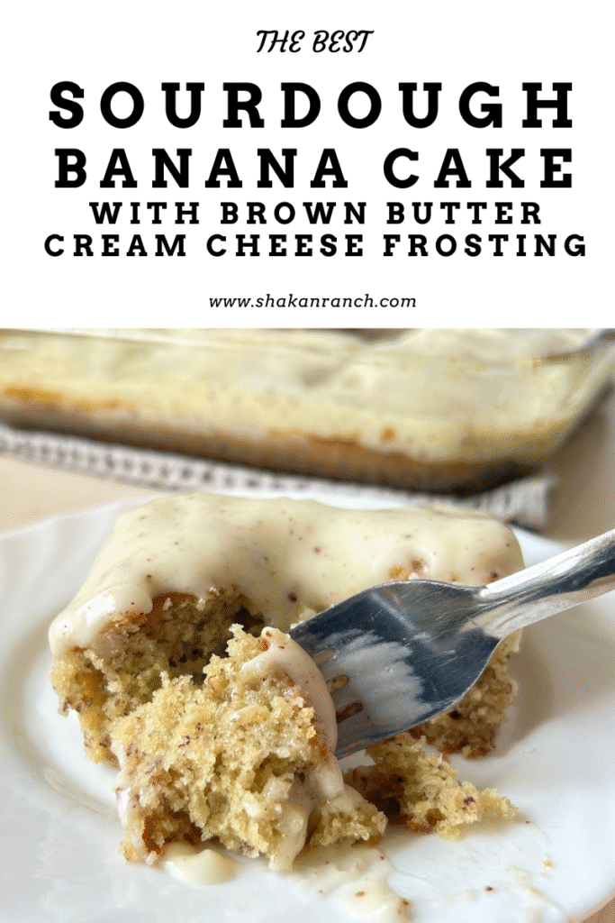 Sourdough Banana Snack Cake with Brown Butter Cream Cheese Frosting.