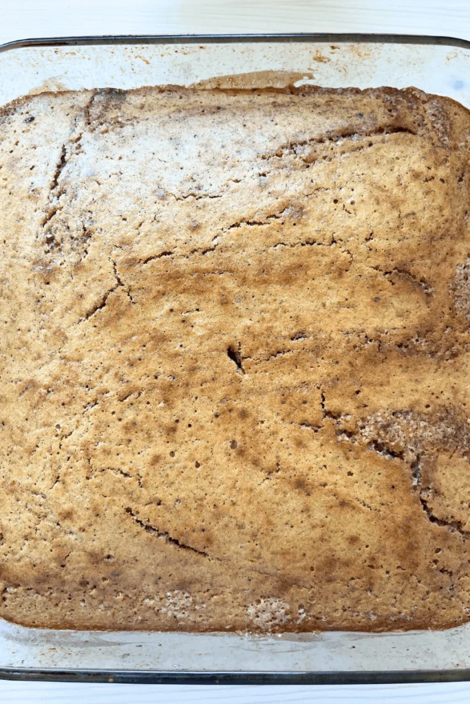 Golden brown sourdough cinnamon cake fresh out of the oven in a sheet pan.