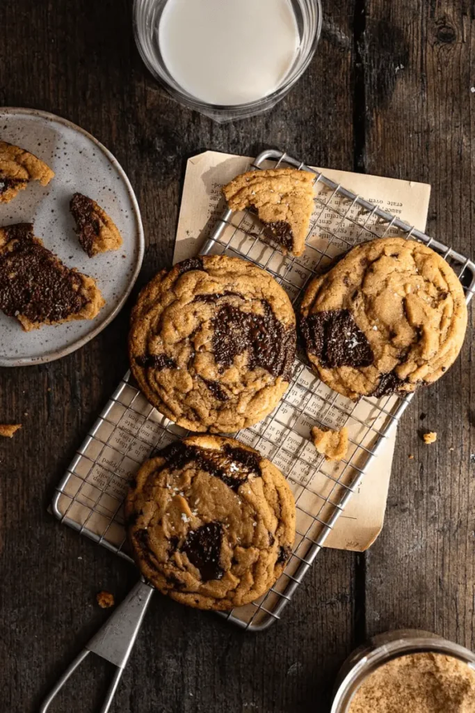 Brown Butter Sourdough Chocolate Chip Cookies on a cooling rack. 