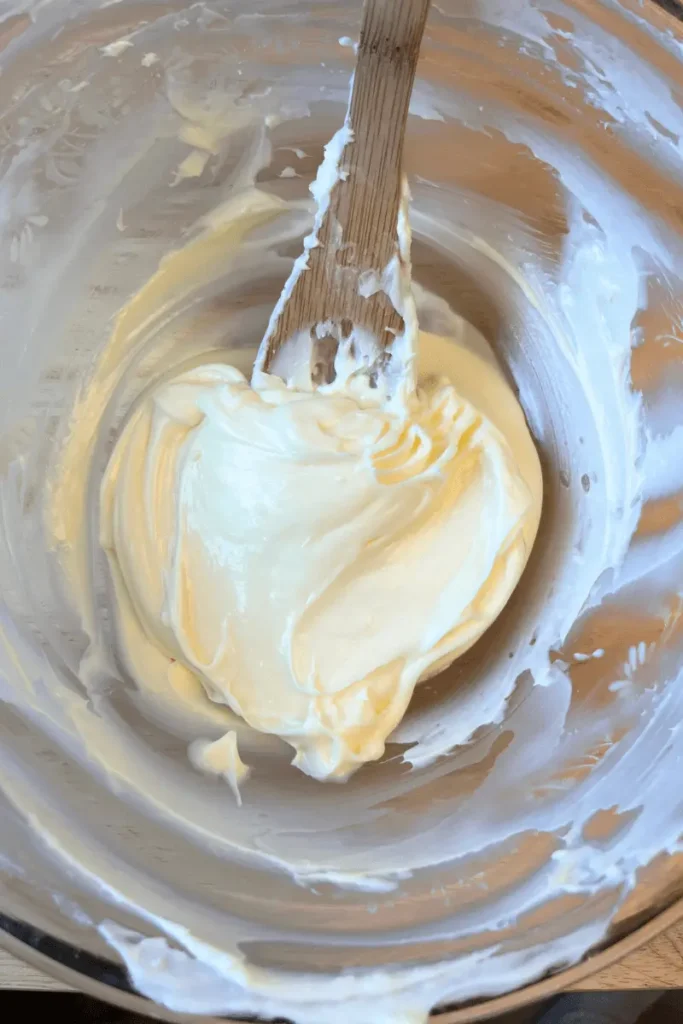 Cream cheese butter frosting in a bowl. 