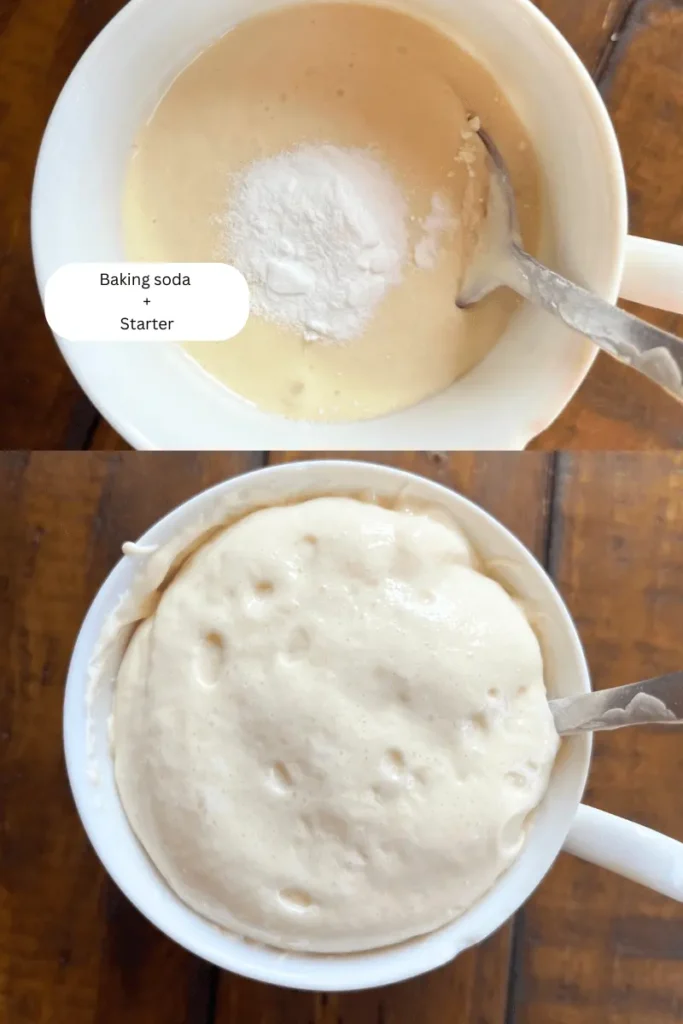 Prepping sourdough discard with baking soda for Pumpkin Sourdough Tres Leches Cake. 