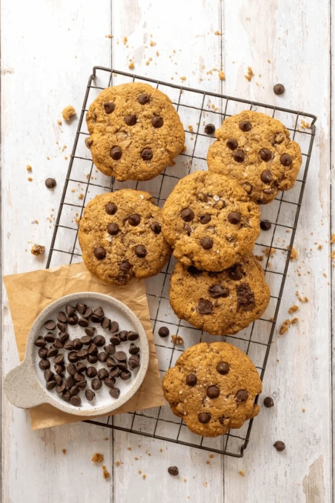 Sourdough Chocolate Chip Cookies on a cooling rack. 