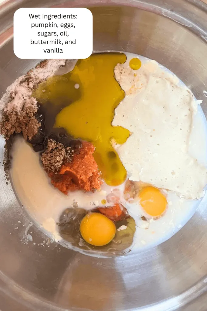Wet ingredients for Pumpkin Sourdough Tres Leches Cake.