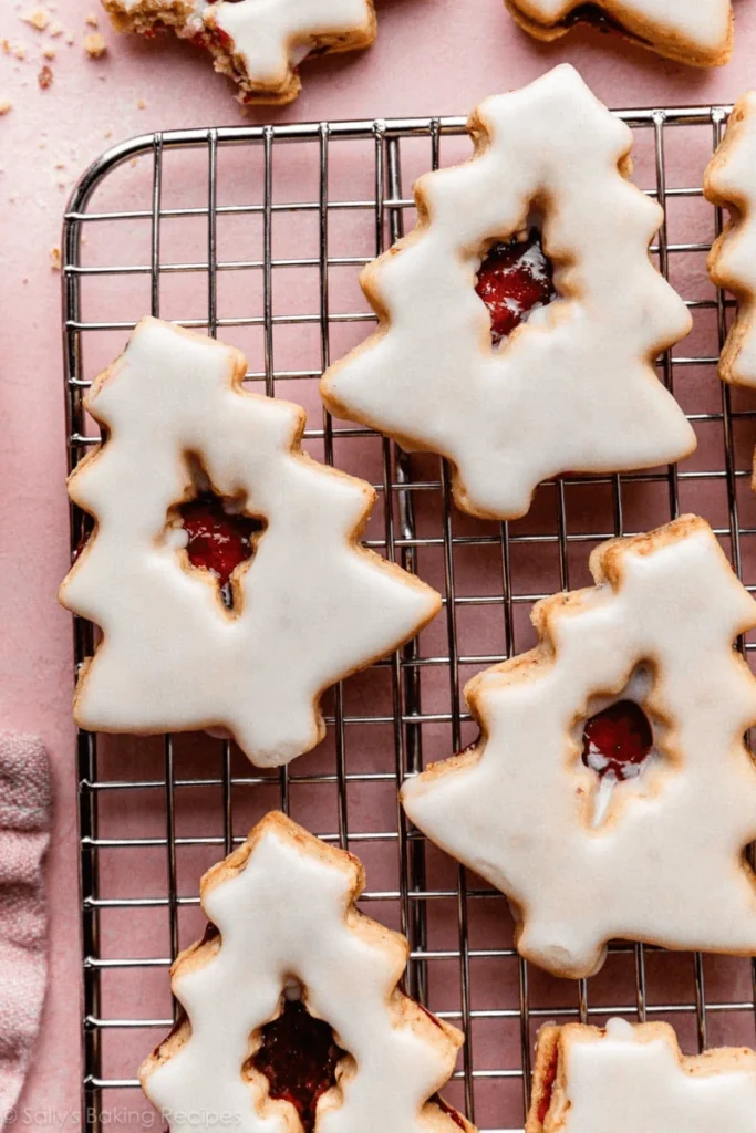 Iced Cherry Almond Linzer Cookies.