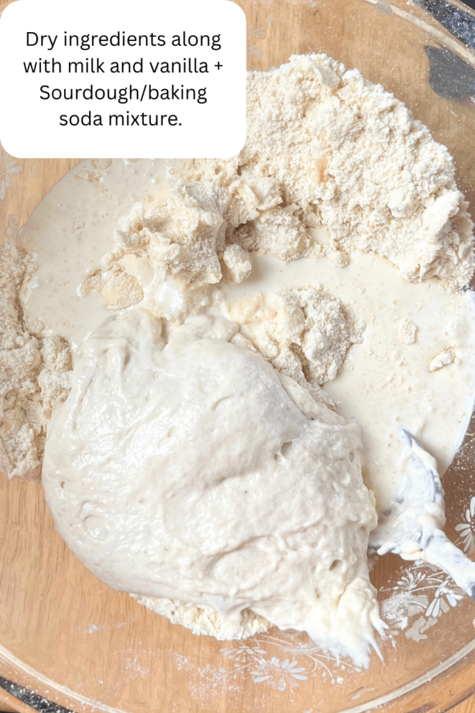 Milk and sourdough with dry ingredients for The Best Sourdough Apple Cobbler – Easy Fall Dessert 