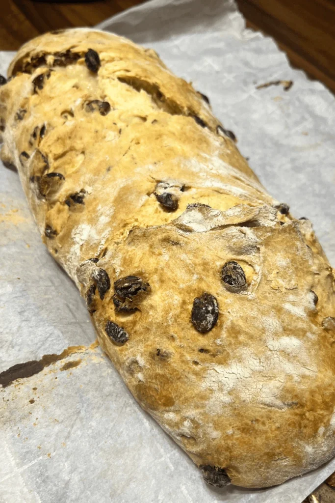 Sourdough stollen bread baked and golden. 