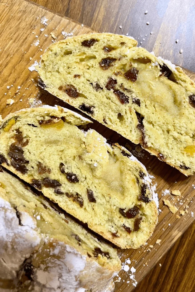 Sourdough Stollen with Homemade Marzipan (German Christmas Bread) sliced. 