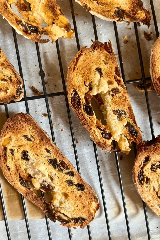 Sourdough stollen bread, sliced thinly and baked into thin crispy sweet breads. 