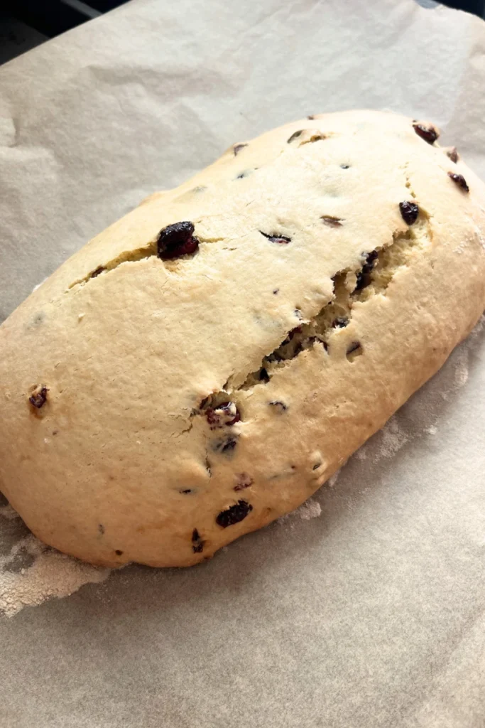 Sourdough biscotti logs after the first bake, lightly golden and set on a baking sheet.