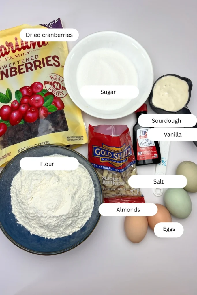 1 ngredients for sourdough cranberry almond thins including sourdough discard, cranberries, sliced almonds, eggs, sugar, flour, and vanilla.
