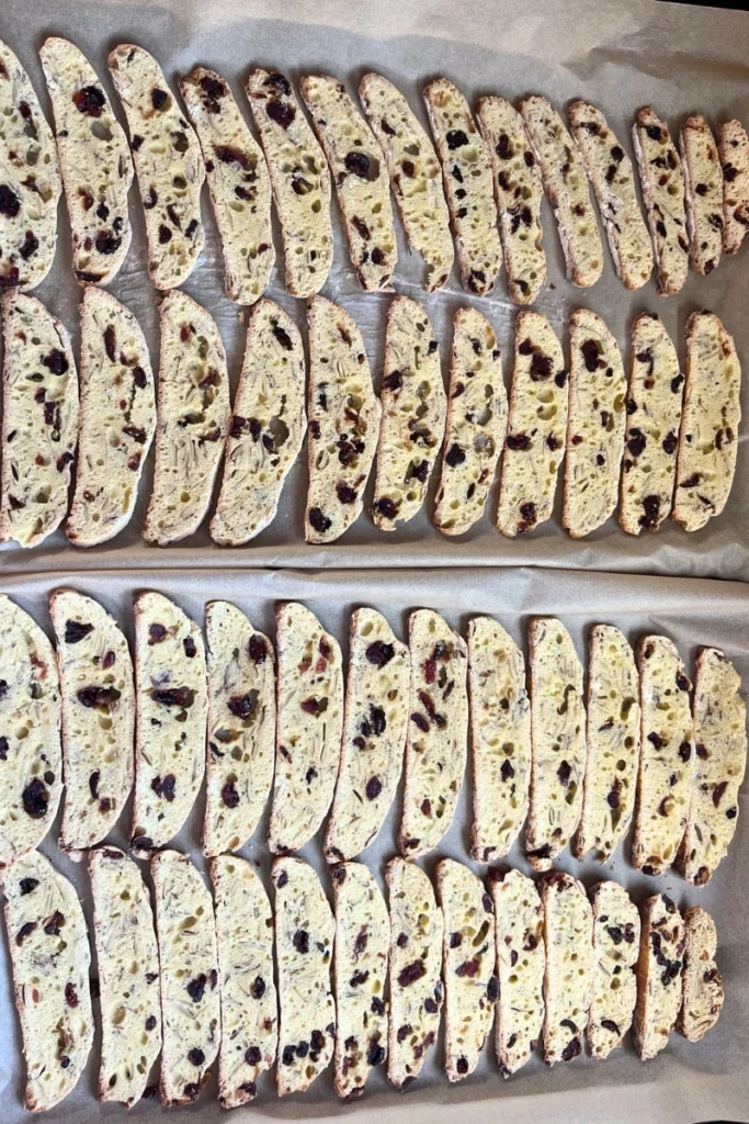 8 Cranberry almond sourdough thins baking for the second time until crisp.